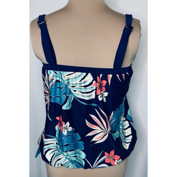 Maxine of Hollywood Navy Hula Leaf Tankini Swim Bandeau Top Size 10 Side Tie - Picture 2 of 11